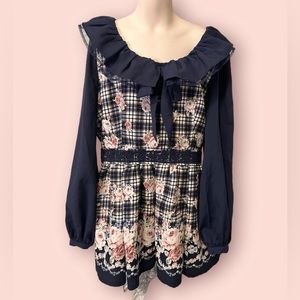 LIZ LISA EUC Dress long sleeve Kawaii Cute Japan Lolita Blue Floral plaid small